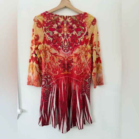 Vibrant One World Red and Yellow Abstract Floral Rhinestone Embellished Tunic - Picture 2 of 11